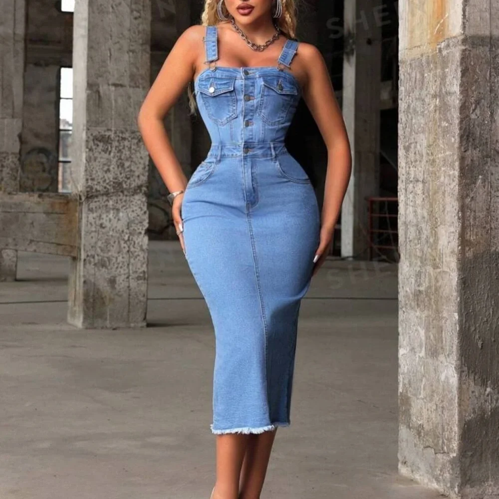 Buttoned Denim Dress with Slit Back - Picture 5 of 10
